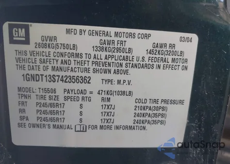 2004 Chevrolet Trailblazer Lt z USA, uszkodzony, nr VIN 1GNDT13S742356362